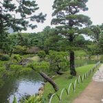 Ein japanischer Garten mit Teich in der Mitte. Überall Bäume, Rasen und sonst auch viel Grün.